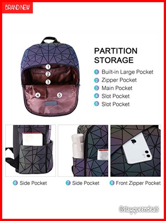 Geometric Luminous Crossbody Bag, Holographic Reflective Nylon Backpack for